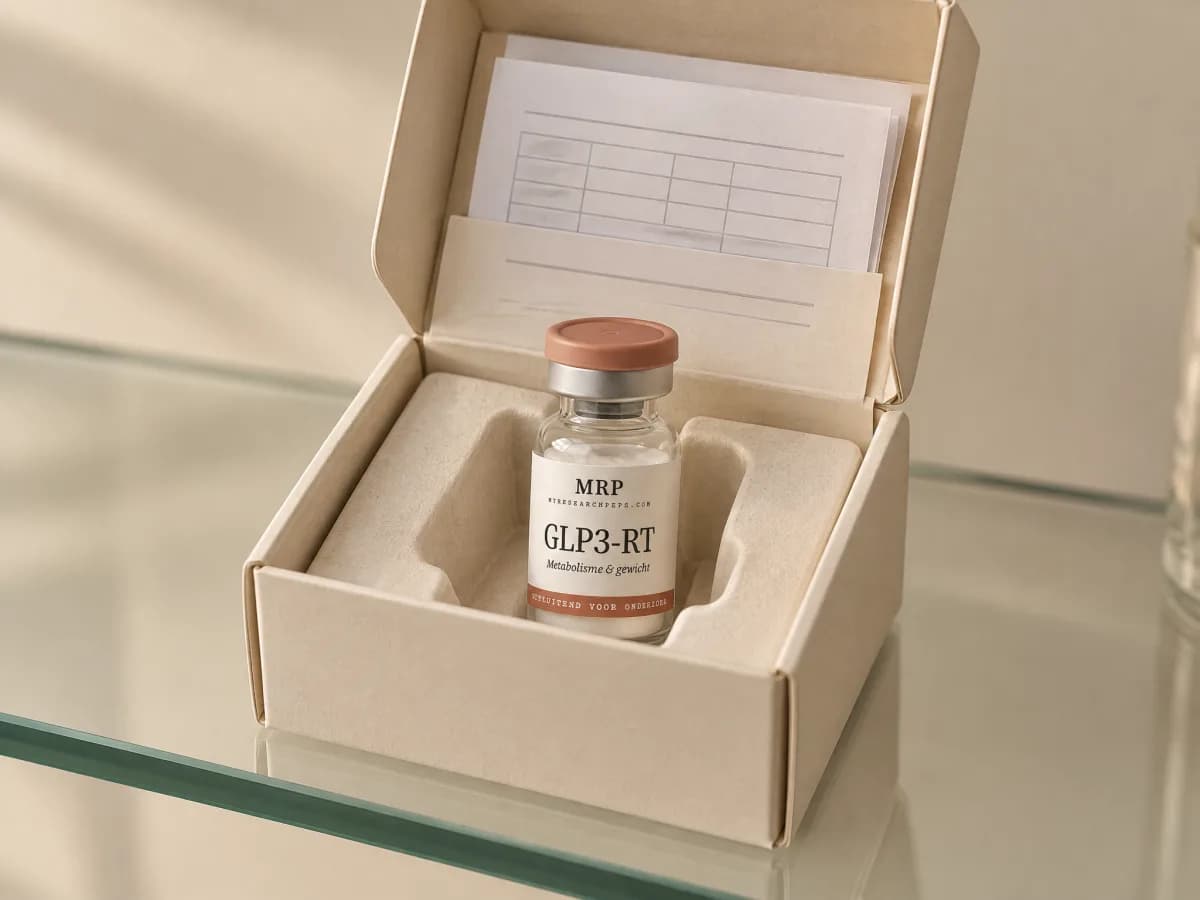Neutrale open doos met een flacon GLP3-RT en een gevouwen blanco rapport