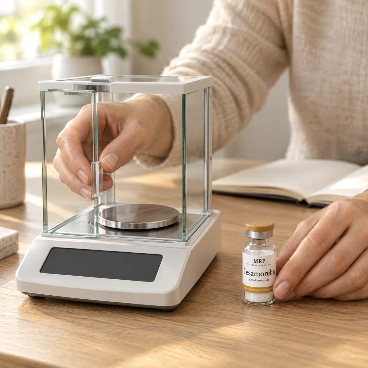 Handen bij een analytische weegschaal, met een gesloten flacon Tesamorelin ernaast