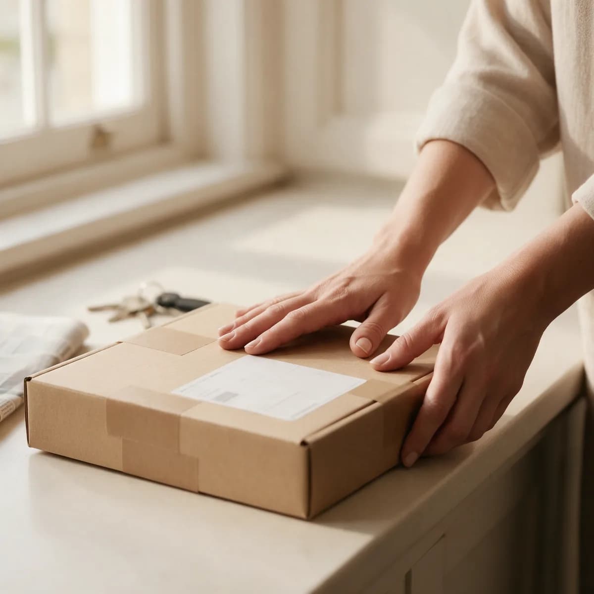 Handen op een ongeopend neutraal pakket op tafel bij het raam